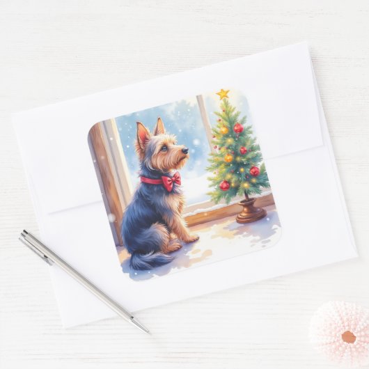 Watercolor Australian Terrier Tabletop Christmas Vierkante Sticker (Envelop)
