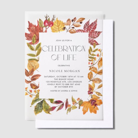 Watercolor Autumn Leaves Frame Celebration of Life Vellum Uitnodigingen (Offset)
