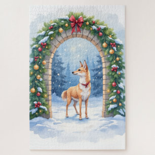 Watercolor Azawakh Sneeuwige Stenen Boog Kerstmis Legpuzzel