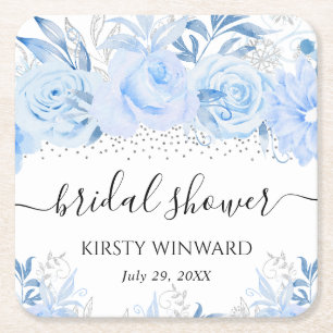 Watercolor Baby Blauwe Winterbloemen Bruidsdouche Kartonnen Onderzetters