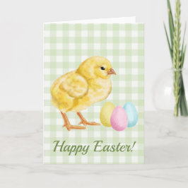 Watercolor Baby Chick And Eggs On Green Easter Kaart