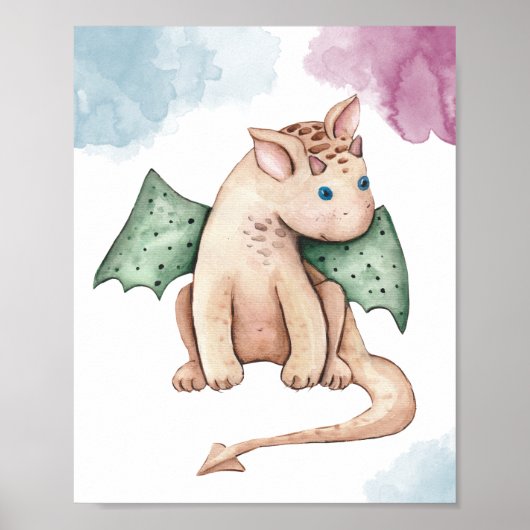 Watercolor Baby Dragon Whimsical Fantasy Nursery Poster (Voorkant)