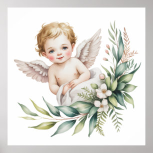 Watercolor baby engel veer vleugels doop  poster