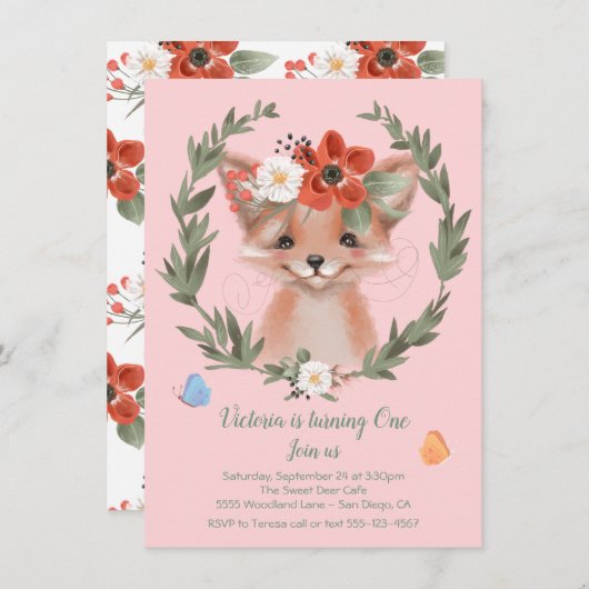 Watercolor Baby Fox wreath Birthday Party Kaart (Voorkant / Achterkant)