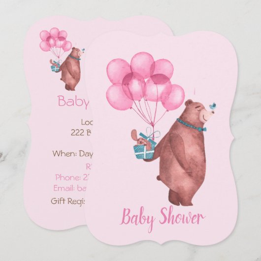 Watercolor Baby Girl Bear Balloons Invitation Kaart (Voorkant / Achterkant)