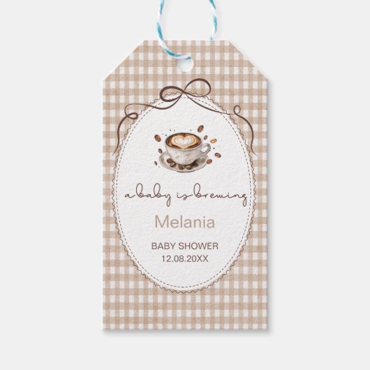     Watercolor Baby is brewing coffee  baby shower Cadeaulabel (Voorkant)