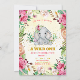 Watercolor Baby Olifant Bloemen Meisje Verjaardag Kaart