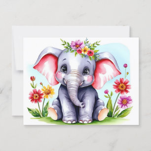 Watercolor baby olifant met bloemen briefkaart