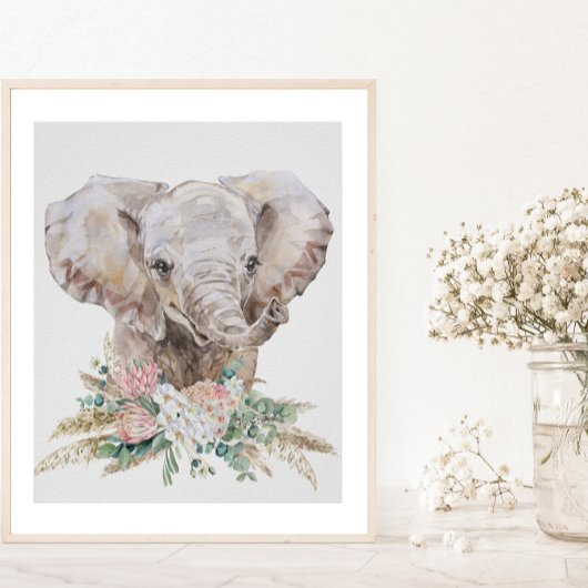 Watercolor Baby Olifant Nursery Tropisch Boho Poster