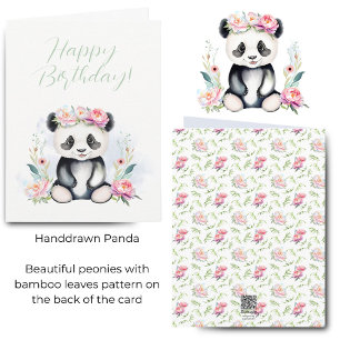 Watercolor Baby Panda Pioenrozen Jungle Verjaardag Kaart
