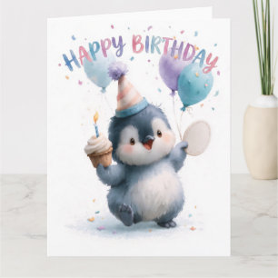 Watercolor Baby Pinguïn Gelukkige Verjaardag Groet Kaart