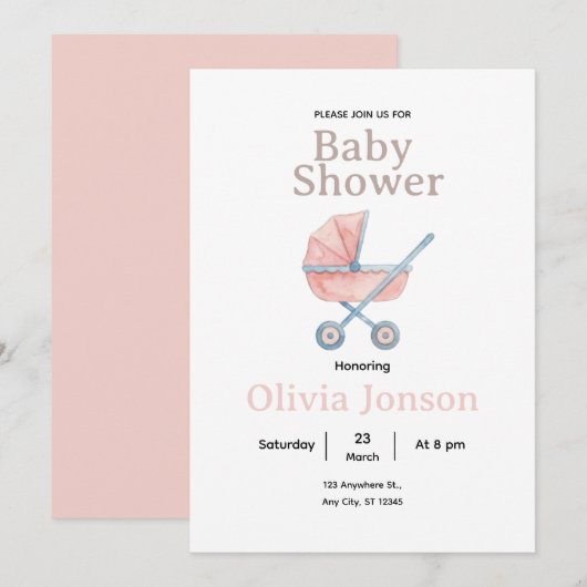 Watercolor Baby Shower Invitation, Kaart (Voorkant / Achterkant)