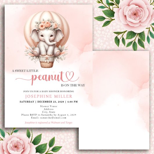 Watercolor Baby Shower Peach Elephant Invitation Kaart