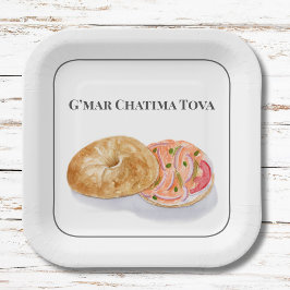 Watercolor Bagels Rooksalmon G’mar Chatima Tova Papieren Bordje