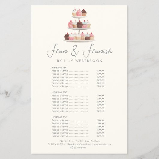 Watercolor Bakery Cupcake Elegante Service Menu (Voorkant)