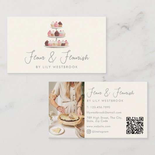 Watercolor Bakery Cupcakes Script Foto QR Code Visitekaartje (Voorkant / Achterkant)