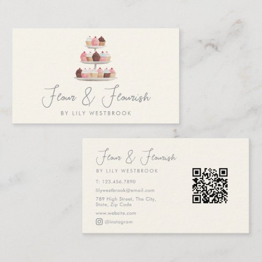 Watercolor Bakery Cupcakes Traktaties Script QR Co Visitekaartje (Voorkant / Achterkant)