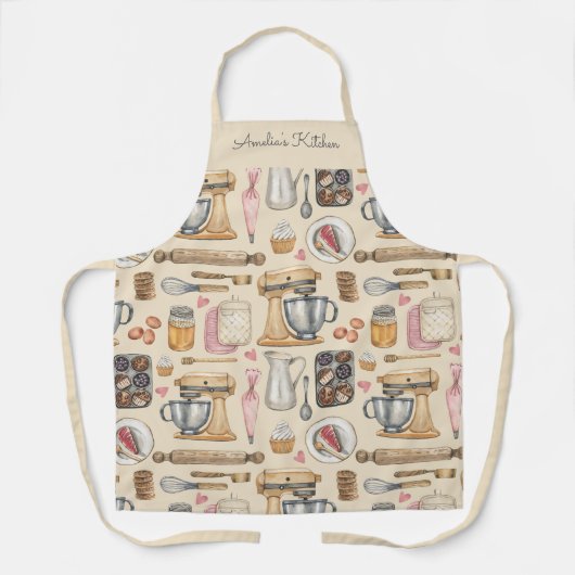 Watercolor Bakgereedschap Patroon Beige Schort (Voorkant)