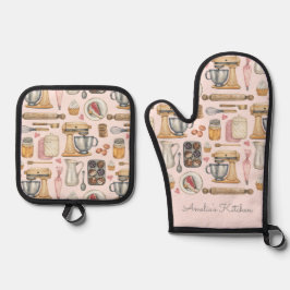 Watercolor Bakgereedschap Patroon Roze Ovenwant & Pannenlap Set