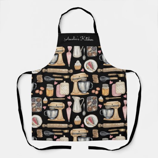 Watercolor Baking Tools Pattern Black Schort (Voorkant)