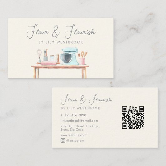 Watercolor Bakkerij Banketbakker Script QR Code Visitekaartje (Voorkant / Achterkant)