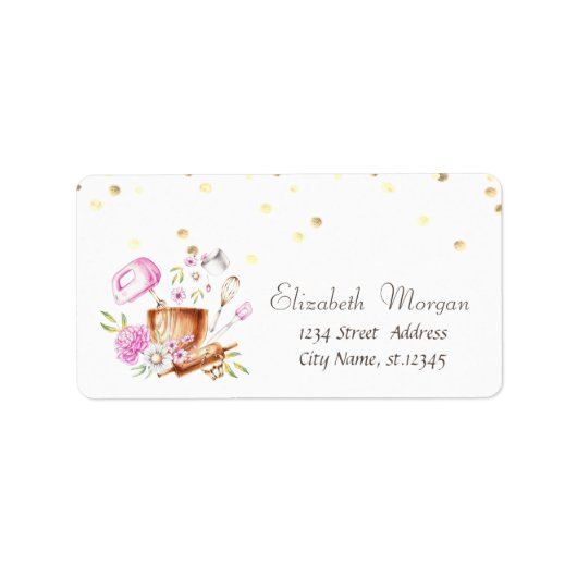 Watercolor Bakkerij Tools Bloemen Confetti Etiket (Voorkant)