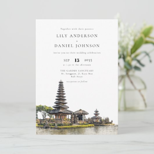 Watercolor Bali Temple QR Code Wedding Kaart (Staand voorkant)