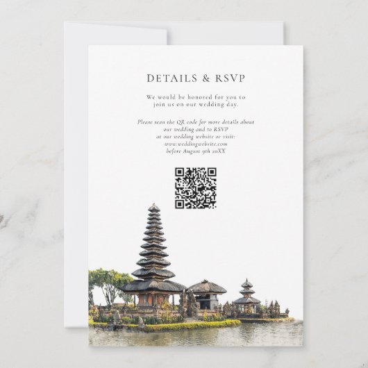 Watercolor Bali Temple QR Code Wedding Kaart (Achterkant)