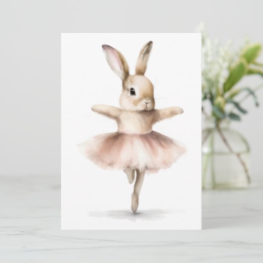 Watercolor Ballerina Konijn Dansend Taupe Roze Kaart (Staand voorkant)