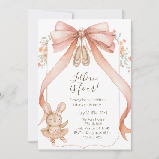 Watercolor Ballet Girls Fourth Birthday Kaart (Voorkant)