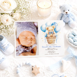 Watercolor ballon, teddybeer, foto jongensdoop kaart