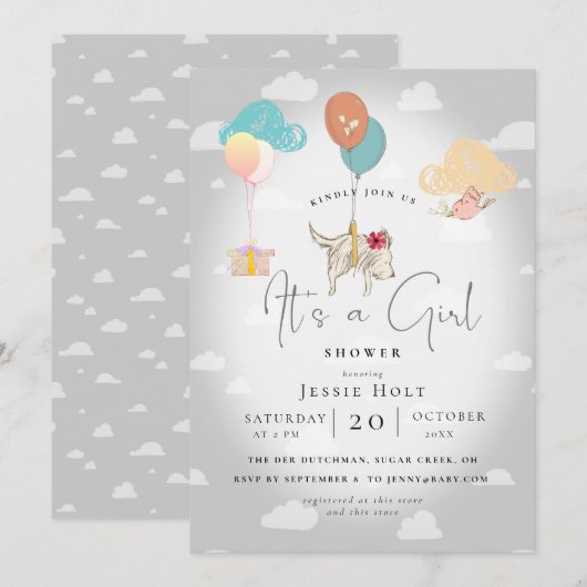 Watercolor Balloon Puppy Baby Girl Shower Kaart (Voorkant / Achterkant)