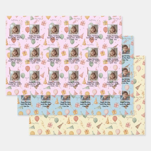 Watercolor Balloons & Photo Custom Kids Birthday Inpakpapier Vel (Set)