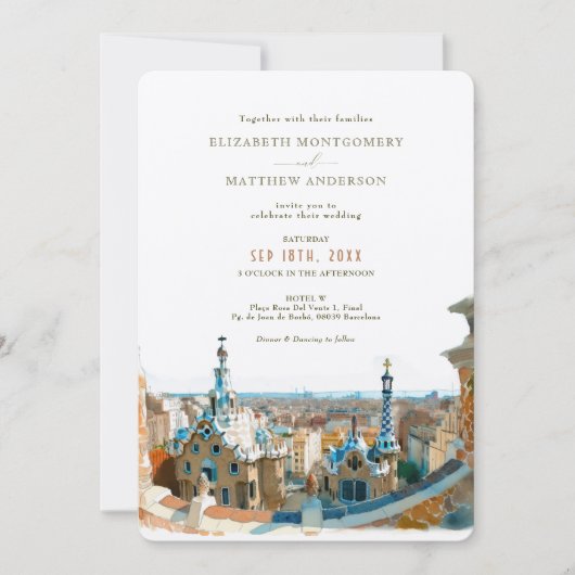 Watercolor Barcelona Park Guell Bruiloft Kaart (Voorkant)