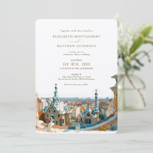 Watercolor Barcelona Park Guell Bruiloft Kaart (Staand voorkant)