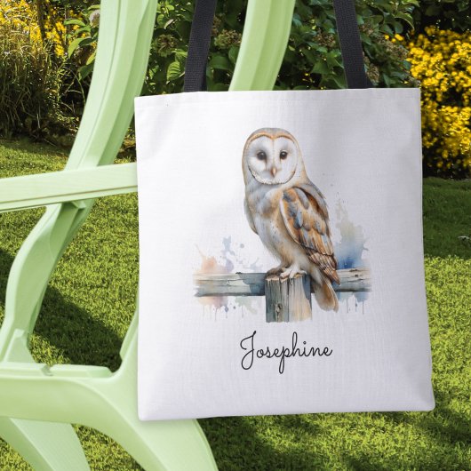 Watercolor Barn Owl Personalized Reusable Tote Bag