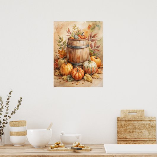 Watercolor Barrel with Pumpkins Fall Poster (Keuken)