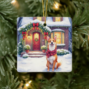 Watercolor Basenji Rijtjeshuis Kerstvakantie Keramisch Ornament