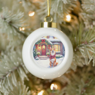 Watercolor Basenji Rijtjeshuis Kerstvakantie Keramische Bal Ornament
