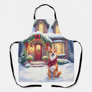 Watercolor Basenji Rijtjeshuis Kerstvakantie Schort