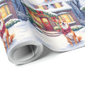 Watercolor Basenji Townhouse Christmas Holiday Cadeaupapier (Rol Hoek)