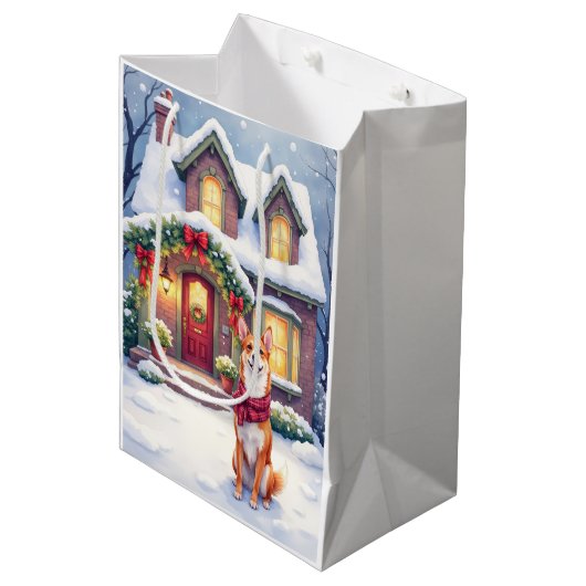 Watercolor Basenji Townhouse Christmas Holiday Medium Cadeauzakje (Voorkant Gekanteld)