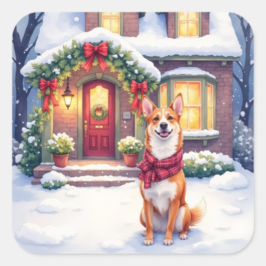Watercolor Basenji Townhouse Christmas Holiday Vierkante Sticker (Voorkant)