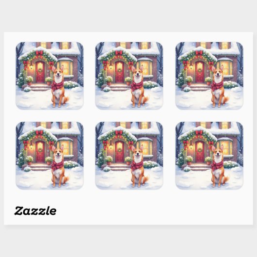 Watercolor Basenji Townhouse Christmas Holiday Vierkante Sticker (Vel)