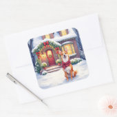 Watercolor Basenji Townhouse Christmas Holiday Vierkante Sticker (Envelop)