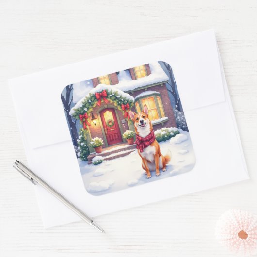 Watercolor Basenji Townhouse Christmas Holiday Vierkante Sticker (Envelop)