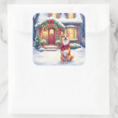 Watercolor Basenji Townhouse Christmas Holiday Vierkante Sticker (Tas)