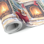 Watercolor Basset Hound Cozy Fireplace Christmas Cadeaupapier (Rol Hoek)