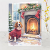 Watercolor Basset Hound Cozy Fireplace Christmas Kaart (Gele Bloem)