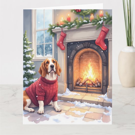 Watercolor Basset Hound Cozy Fireplace Christmas Kaart (Voorkant)